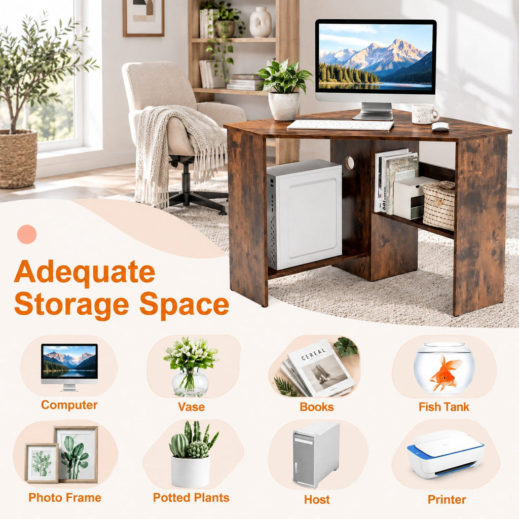 Airfind Corner Computer Desk Triangle Writing Workstation with Storage Shelf, 200 lbs Capacity, E0 engineered wood Frame, Brown