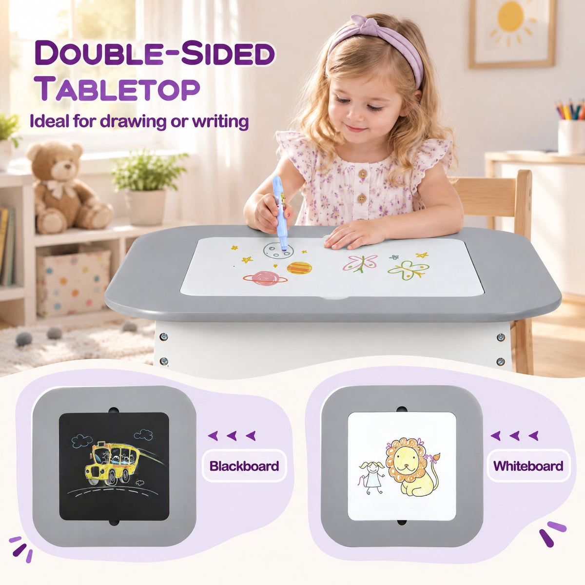 Airfind Youth Table and Chairs Set with Double-sized Tabletop, 44 Lbs Capacity, Mdf, for 3-6 Years Old for Convenient Everyday Use, Gray