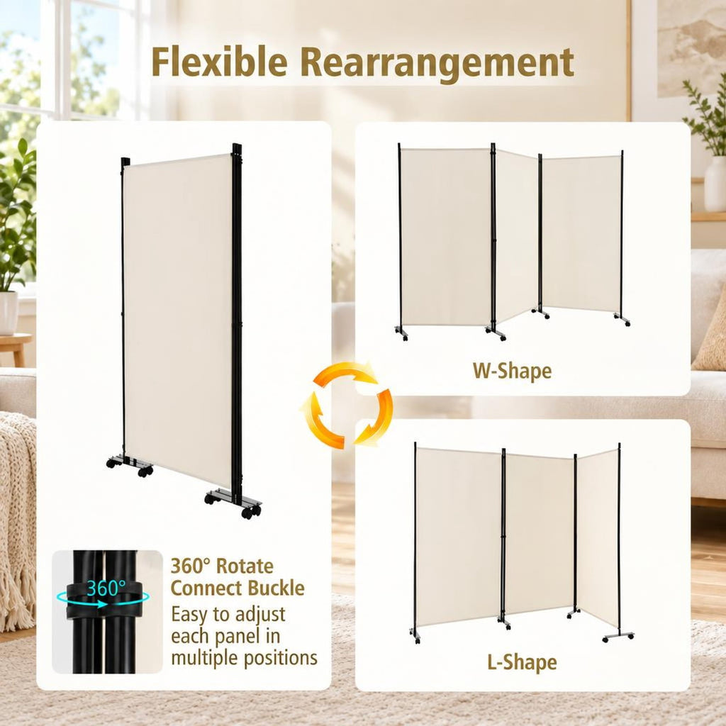 Airfind 3 Panel Folding Room Divider with Lockable Wheels, Metal Polyester Fabric Tiled Frame, 103 x 12 x 71 Footprint, White