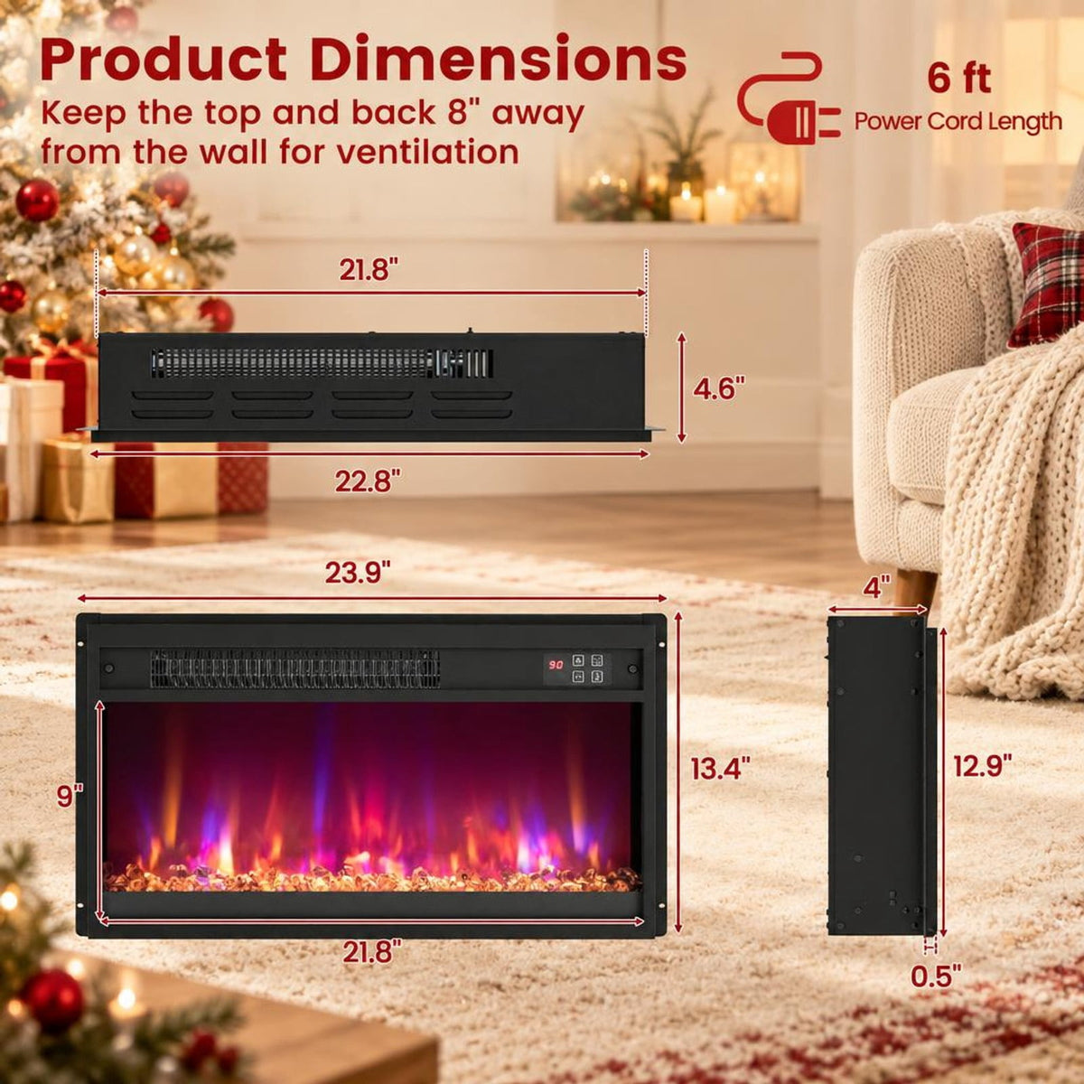 Airfind 18/23/26 Inch 1500W Electric Fireplace Insert with Remote Control-23 inches, Metal Tempered Glass Frame, 19.3in x 4.8in x 17.7in Footprint