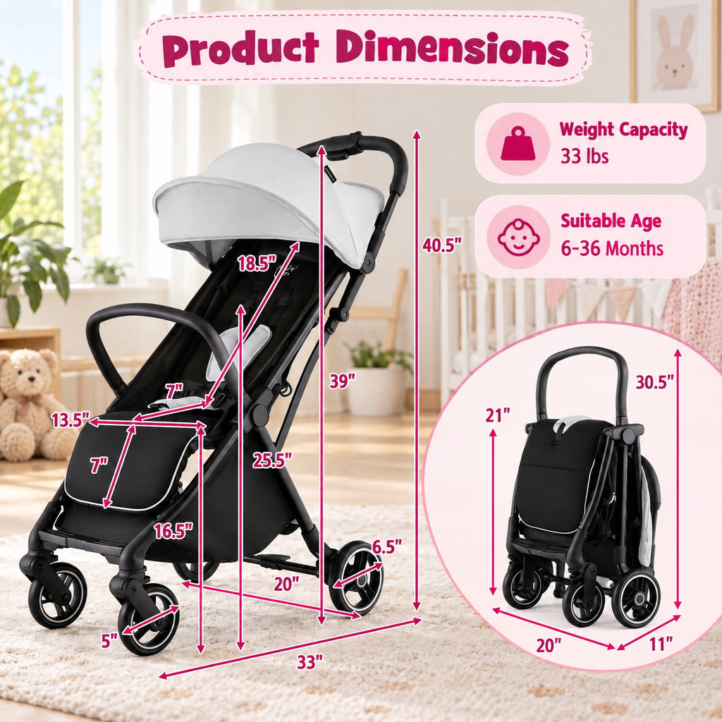 Airfind One-Hand Folding Portable Lightweight Baby Stroller with Aluminum Frame, 33 lbs Capacity, Aluminum polyester EVA Frame, Gray