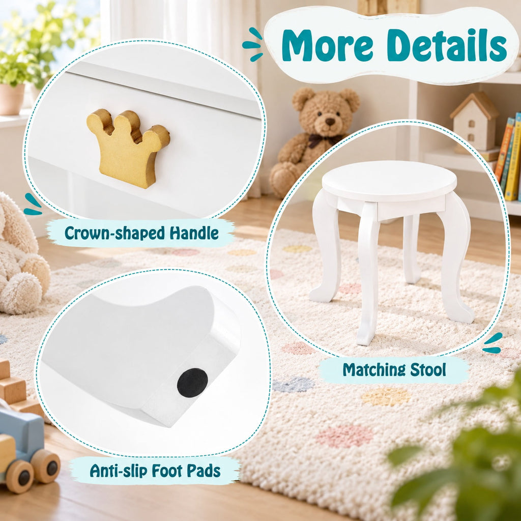 Airfind Kids Vanity Set with Tri-fold Lighted Mirror Detachable Top and Stool, 110 lbs Capacity, MDF Frame, for 3-7 Years Old, White