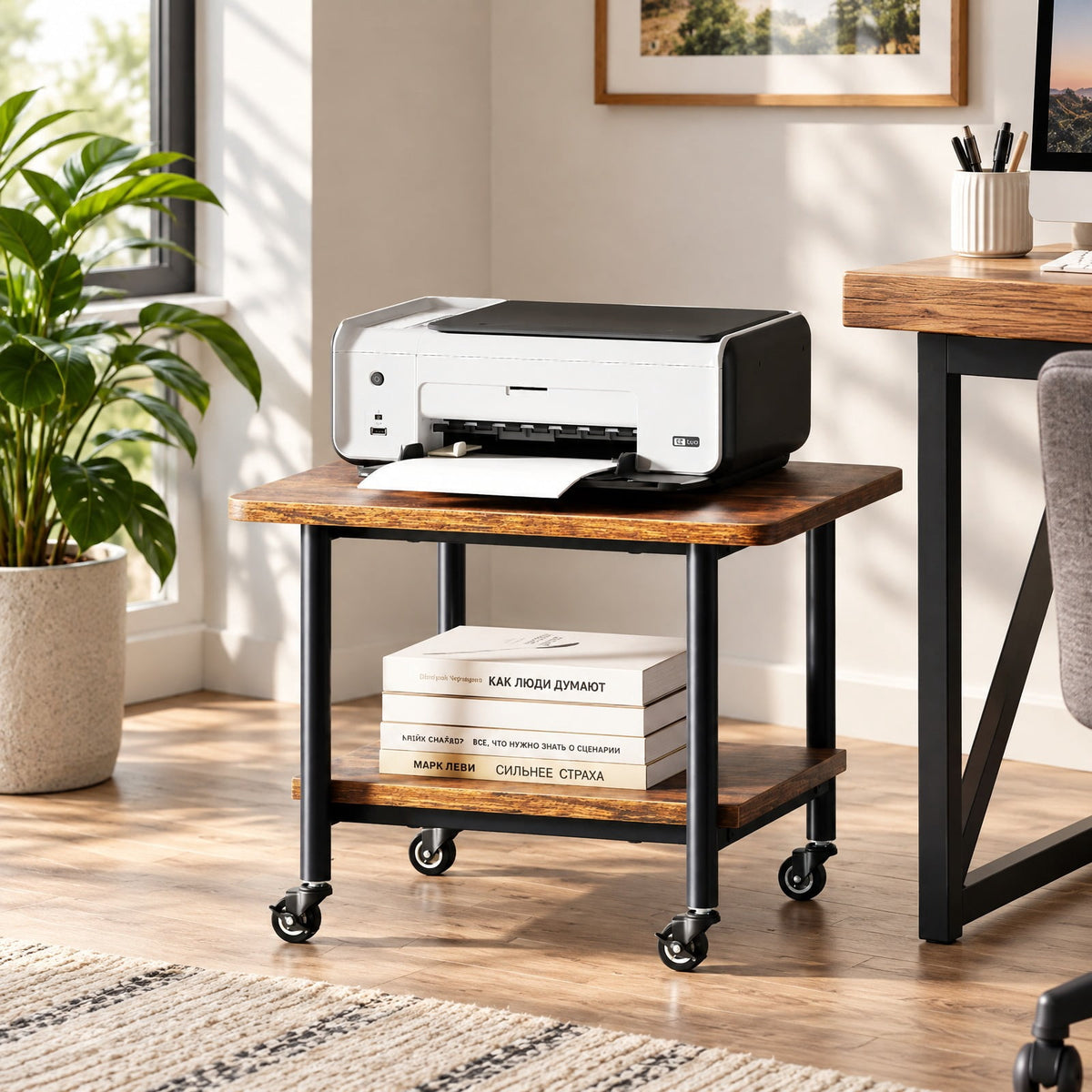 Airfind Under Desk Printer Stand with 360° Swivel Casters, 143 lbs Capacity, Engineered Wood Metal Frame, Brown