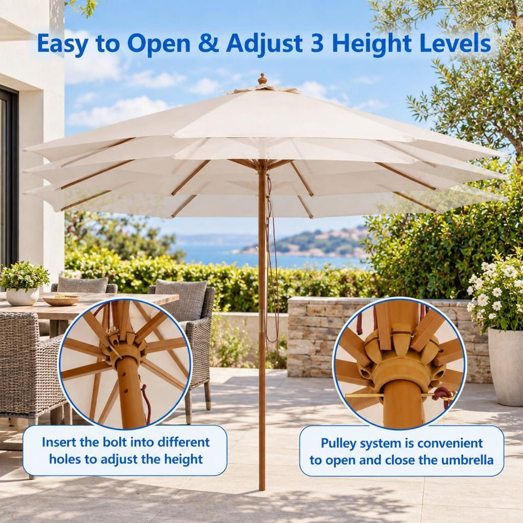 Airfind 10 Feet Patio Umbrella with 8 Wooden Ribs and 3 Adjustable Heights, 180G polyester fabric PP bamboo wood Frame, Beige