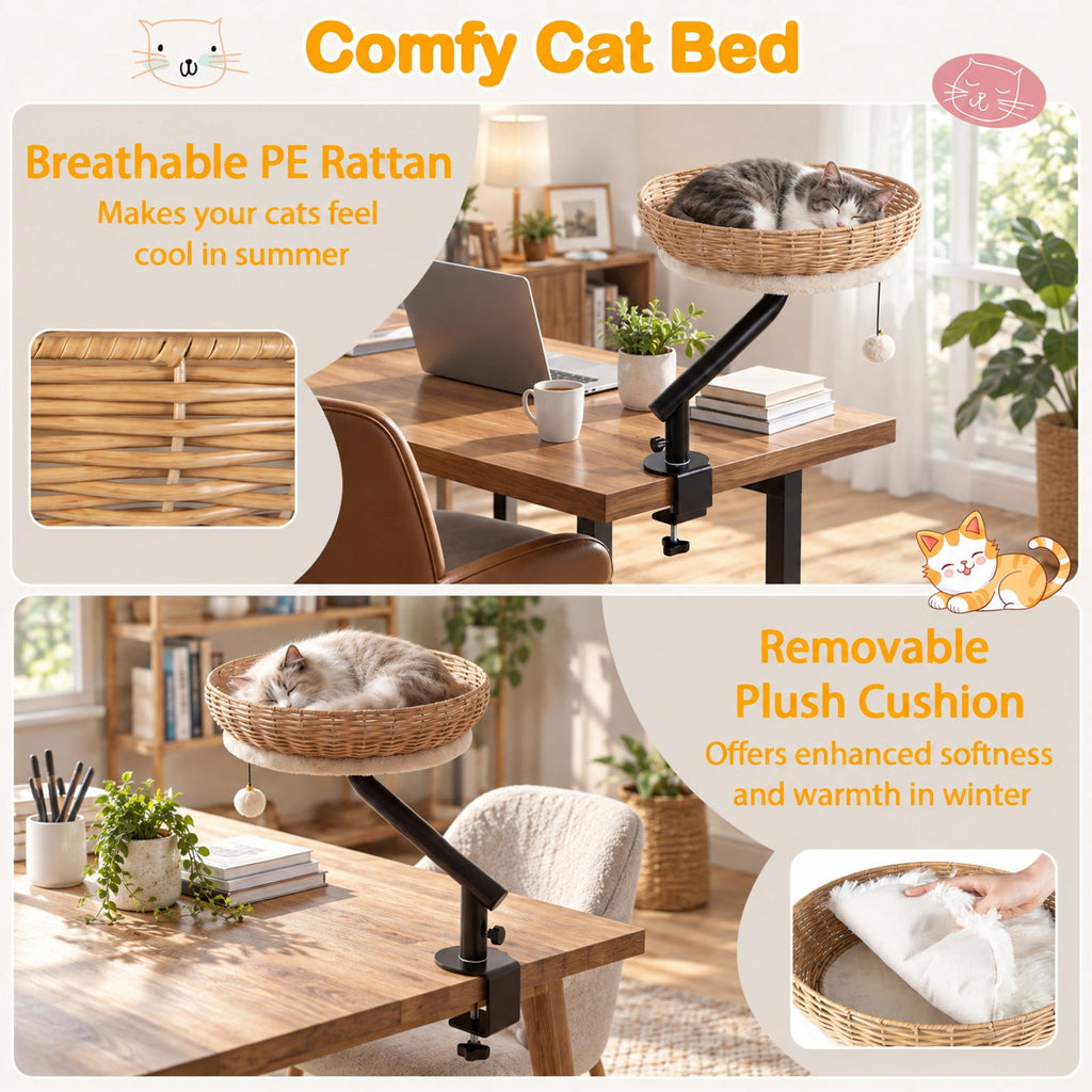 Airfind Cat Desk Bed with Removable Padded Cushion for Indoor Cats, 22 lbs Capacity, PE Rattan Metal MDF Plush Fabric Frame, Natural