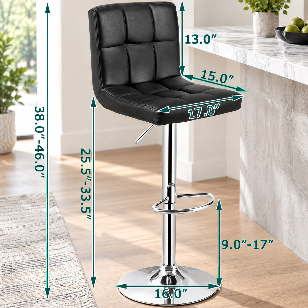 Airfind Set of 2 Square Swivel Adjustable PU Leather Bar Stools with Back and Footrest, 250 lbs Capacity, PU leather steel sponge Frame, Black