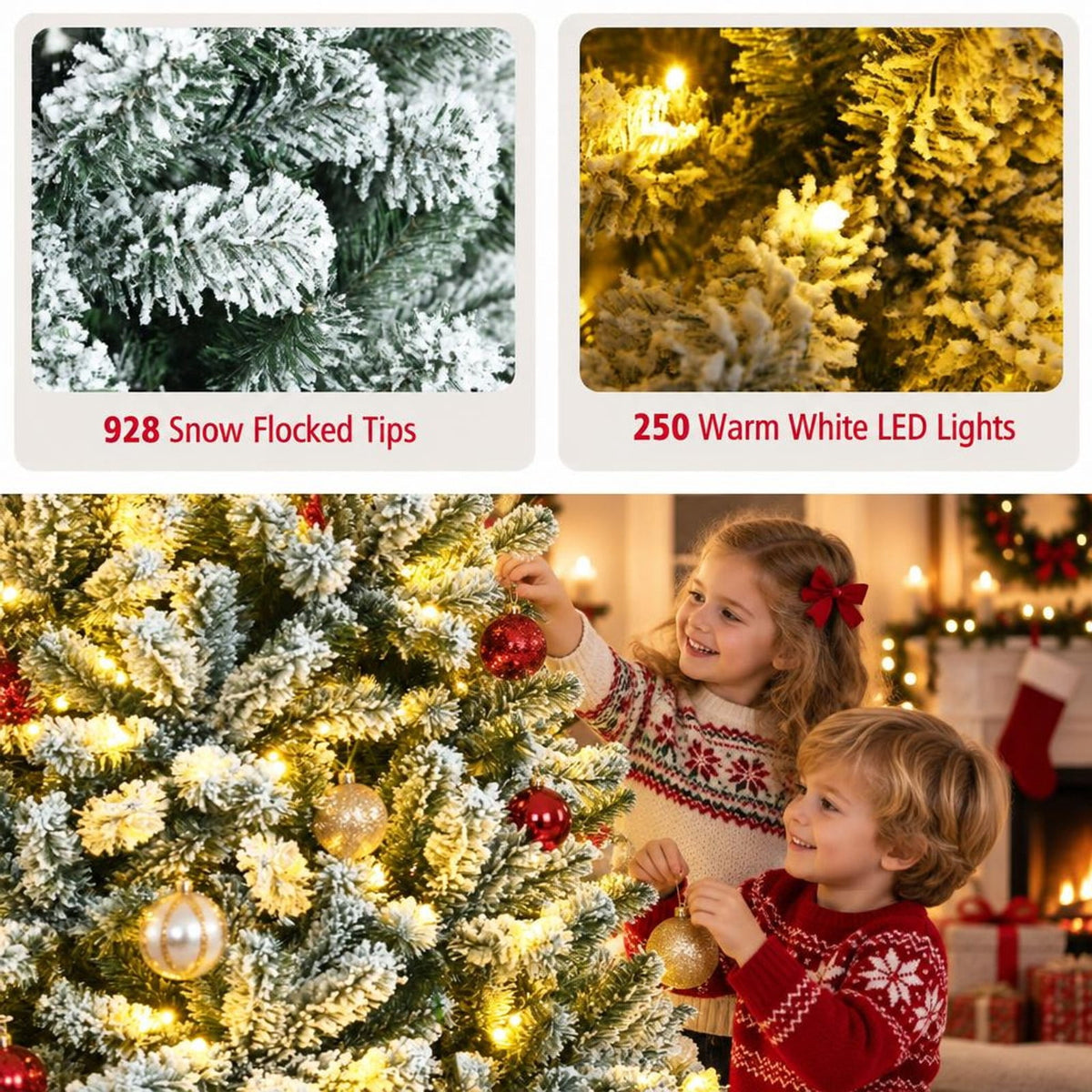 Airfind 6 Feet Pre-lit Snow Flocked Hinged Christmas Tree with 928 Tips and Metal Stand-6 ft, PVC metal Frame, 3.4 x 6/4 x 7/4.9 x 8 Footprint