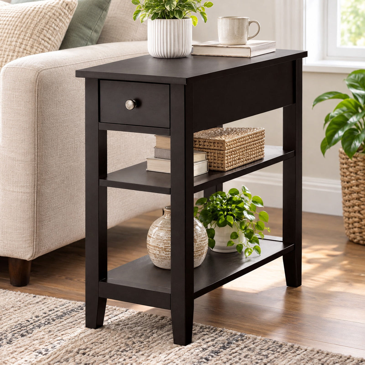 Airfind 3-Tier End Table with Drawer slideway and Double Shelves, 90 lbs Capacity, MDF Frame, 24 Inch x 12 Inch x 24.5 Inch (L x W xH) Drawer Footprint, Brown