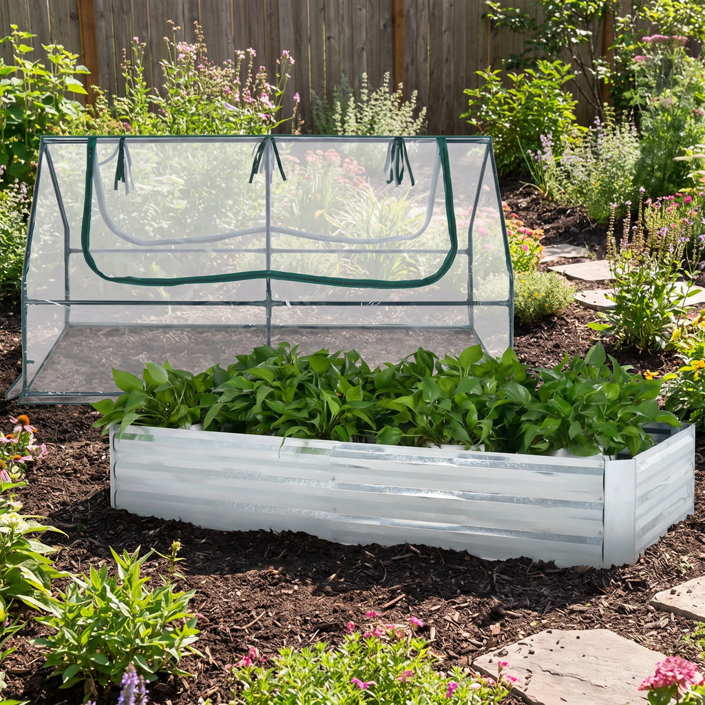Airfind 6 x 3 x 3 Feet Galvanized Raised Garden Bed with Greenhouse, Galvanized Steel Metal PVC Frame, Silver