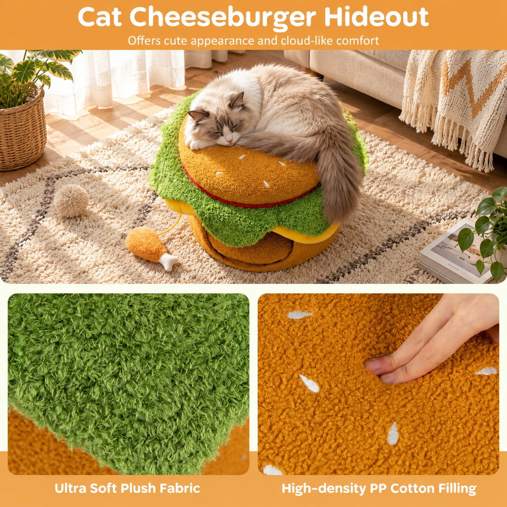 Airfind Hamburger Cat Nest with Chicken Drumstick Toy and Removable Cushion for Indoor Cats, 155 lbs Capacity, Yellow