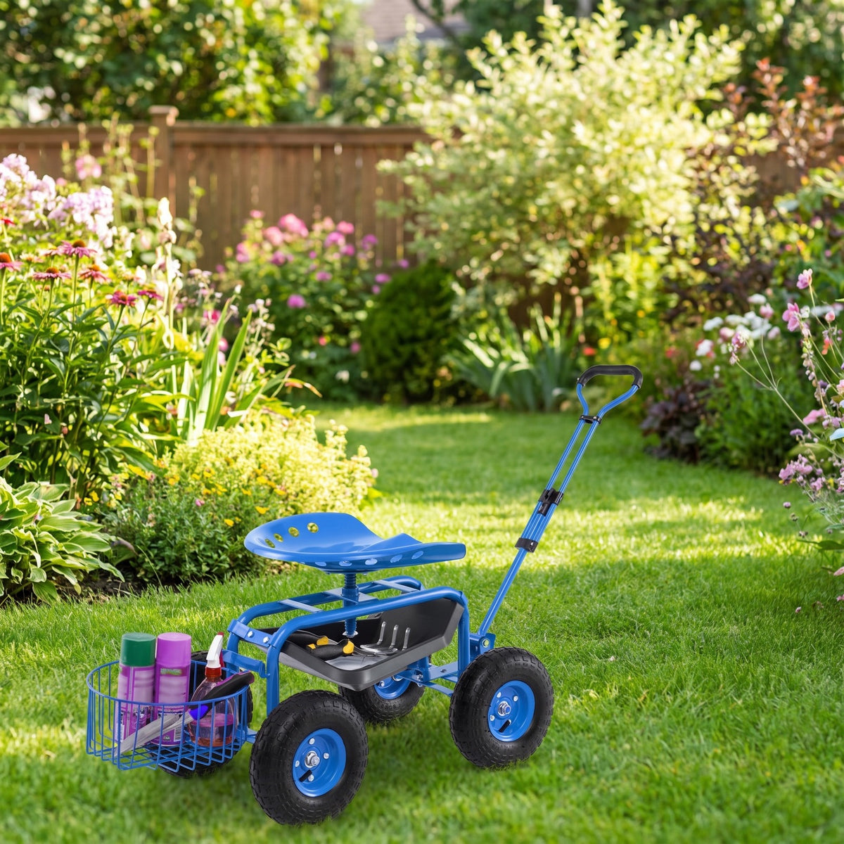 Airfind Heavy Duty Garden Cart with Tool Tray and 360 Swivel Seat, 330 lbs Capacity, Steel Rubber Plastic Frame, 38 x 17 x Footprint, Blue