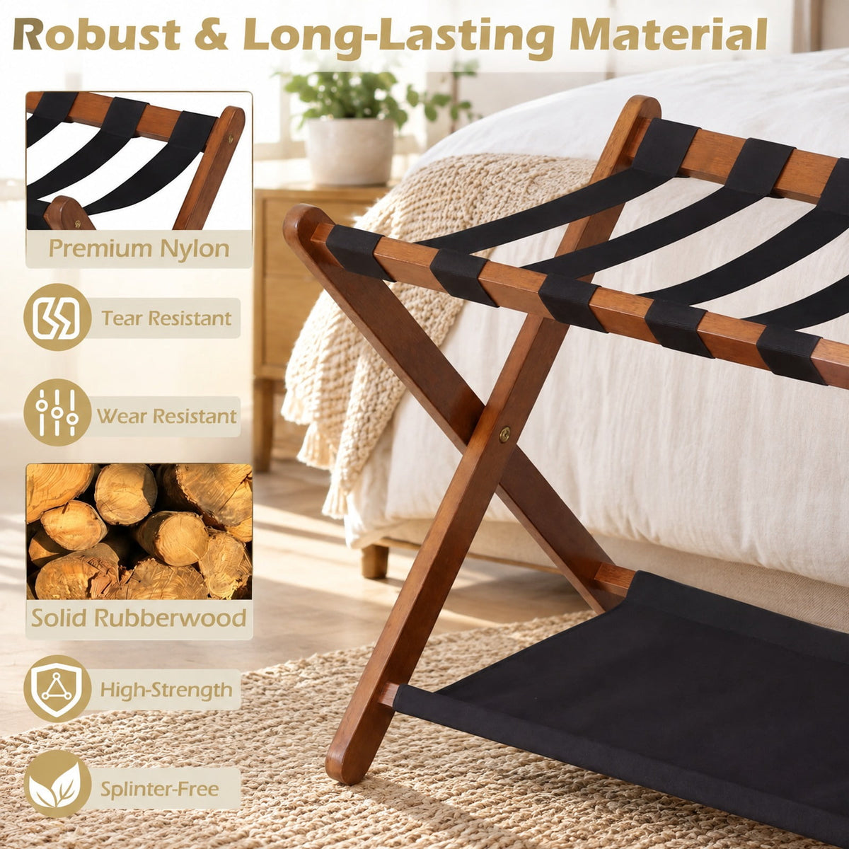 Airfind Solid Rubberwood Folding Luggage Rack with Nylon Shelves, 110 Lbs Capacity, Rubberwood Nylon, 26.5 Inch X 18 Inch X 20.5 Inch, Brown