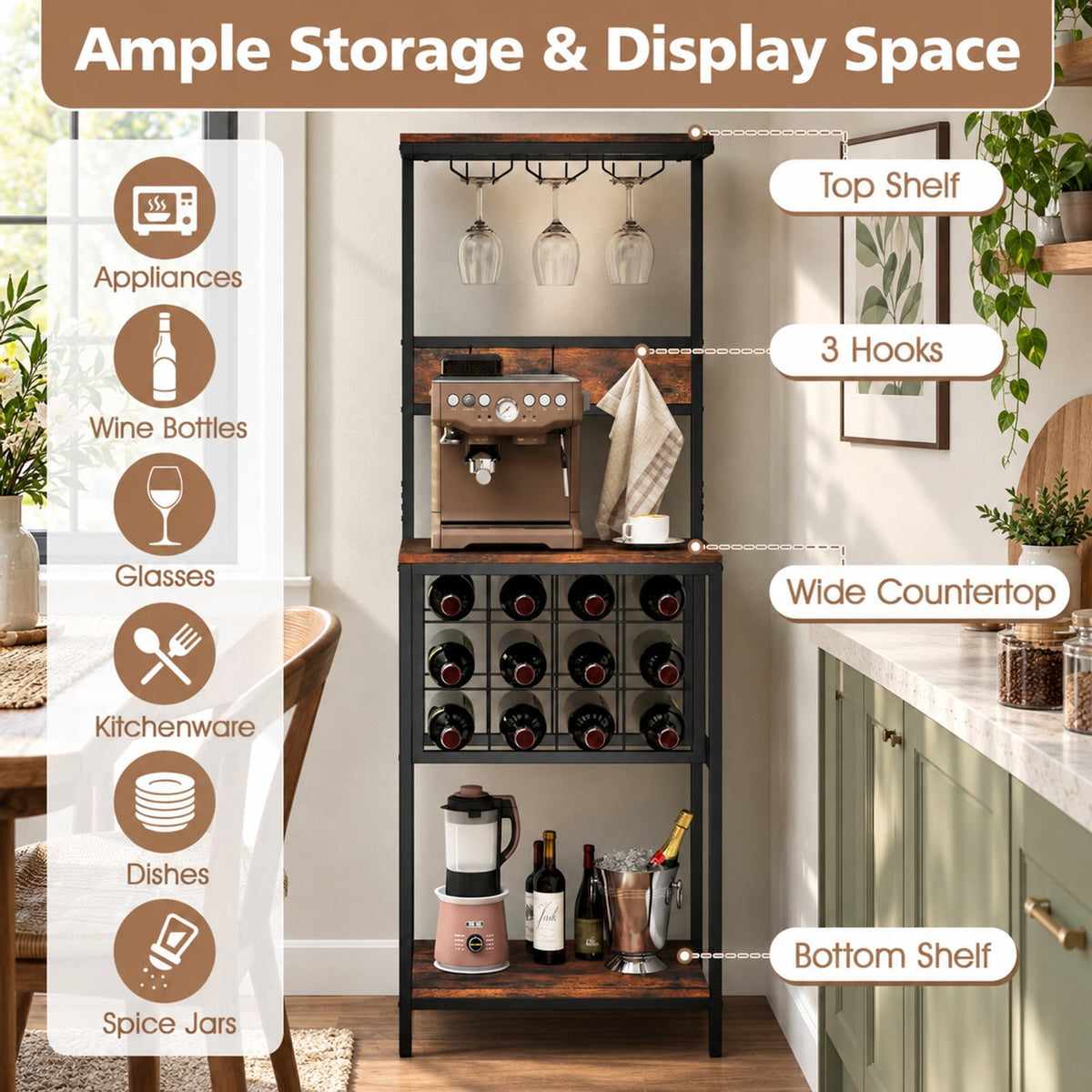 Airfind Freestanding Wine Rack Floor Wine Bar Cabinet with Glass Racks, 200 lbs Capacity, Engineered Wood Metal Frame, Brown