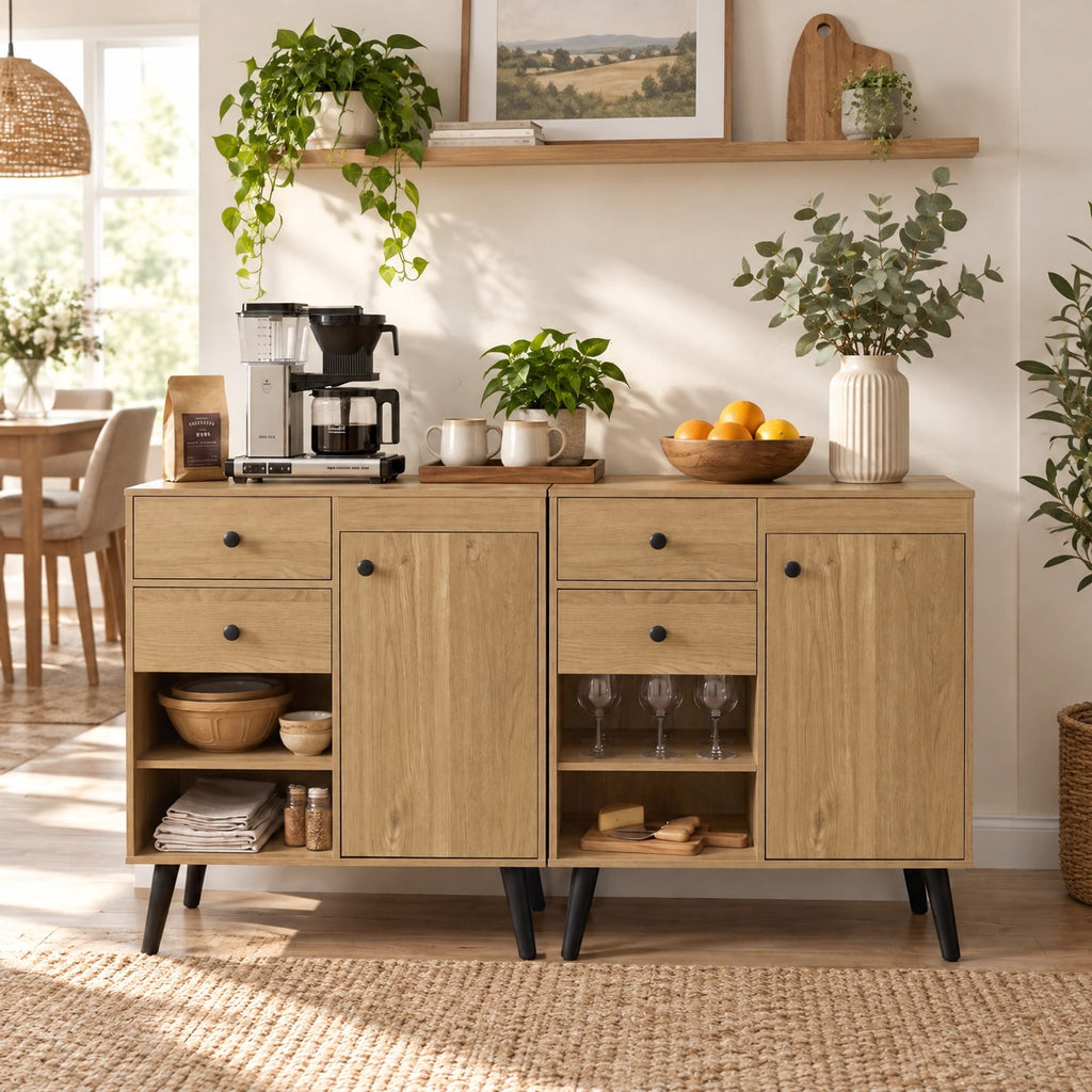 Airfind 31 Inch Sideboard Cabinet, with 2 Open Compartments and 2 Drawers, 135 lbs Capacity, Engineered Wood Frame, 31 Inch x 14 Inch x 31 Inch Footprint, Natural