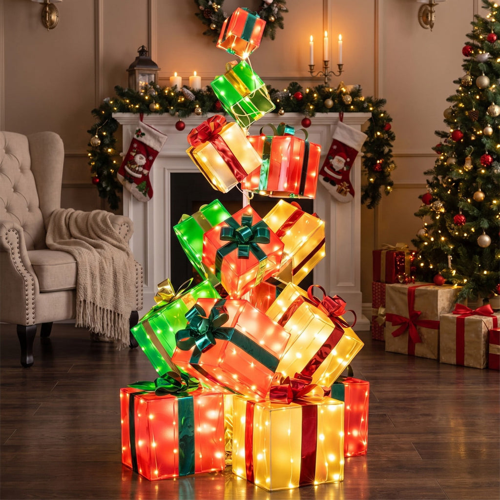 Airfind 15 PCS Lighted Christmas Boxes with Bowknot and 483 LED Light Bulbs for Indoor Outdoor, PVC Fabric Metal Frame, Red + Green + Gold