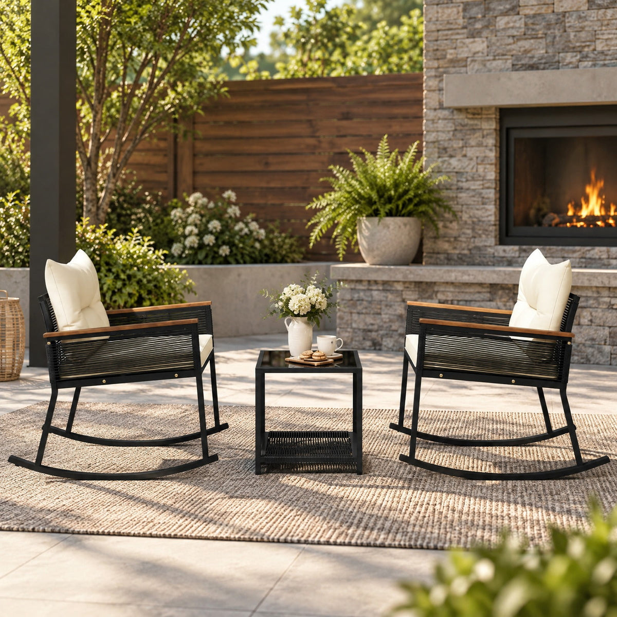 Airfind 3 Piece Outdoor PE Rattan Rocking Bistro Set with 2-Tier Coffee Table, Chair 400 lbs Capacity, 34.5 × 24.5 × 30.5 Footprint, White
