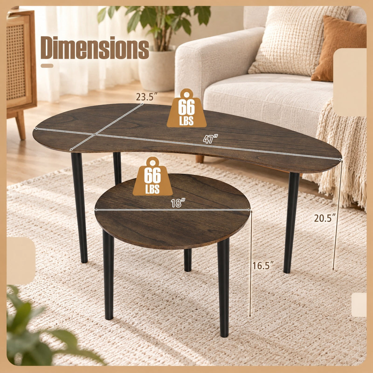 Airfind 2 Pieces Mid Century Nesting Tables with Rubber Wood Legs, 66 Lbs Capacity, Rubber Wood MDF for Convenient Everyday Use, Walnut