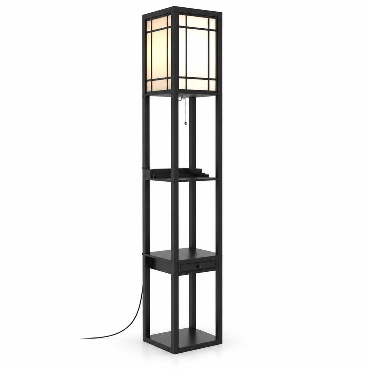 Airfind Modern Floor Lamp with Shelves and Drawer, MDF plastic Frame, 10 x 10 x 63 Footprint, Black