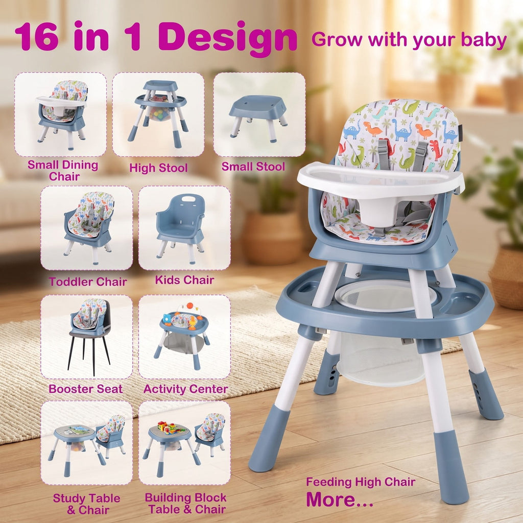 Airfind 16-in-1 Baby High Chair with Activity Center and Booster Seat for Babies and Toddlers, 44 lbs Capacity, Metal Frame, Celadon