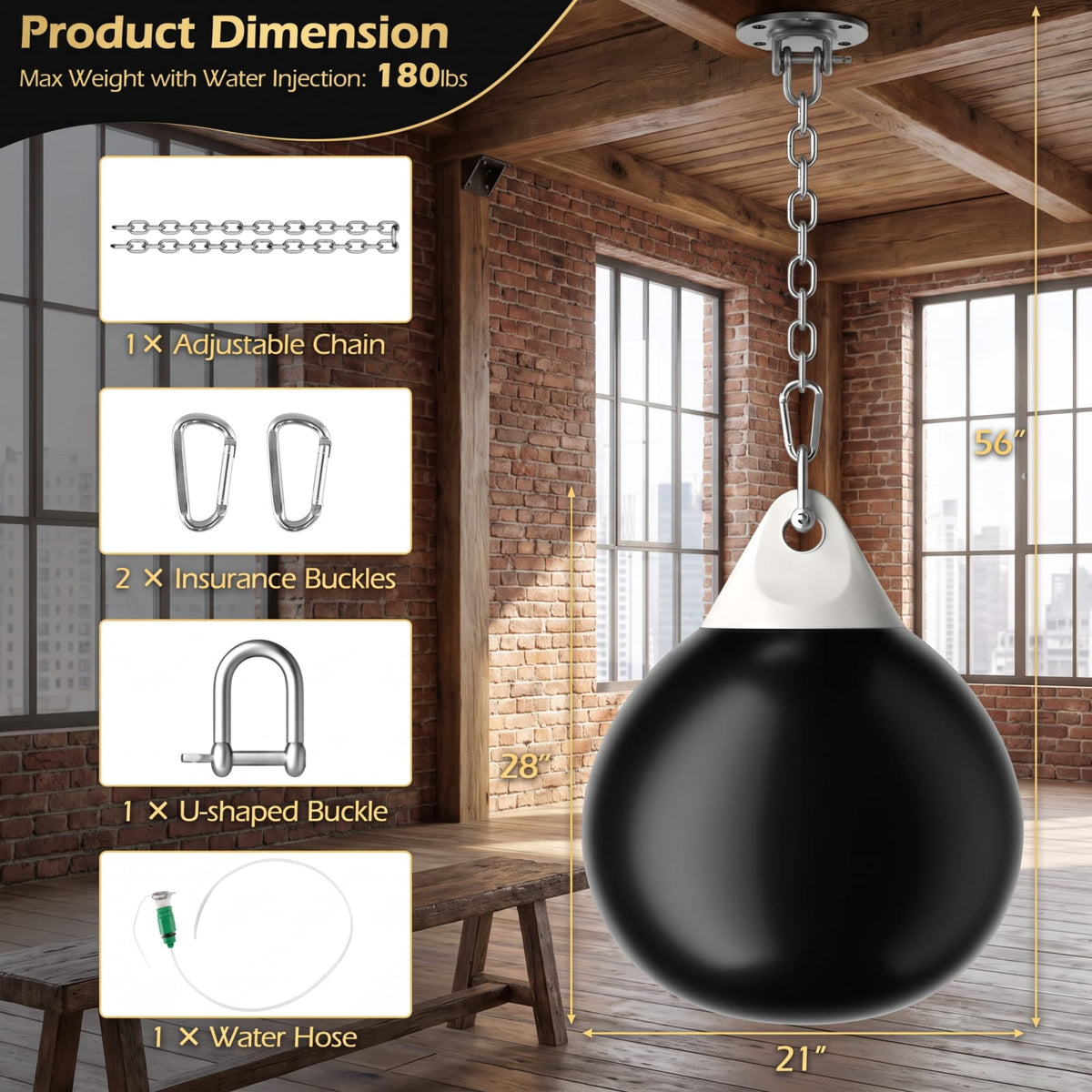 Airfind 21 Inch Water Aqua Punching Bag with Adjustable Metal Chain and Water Hose for Home Gym Boxing and Reaction Training, Black