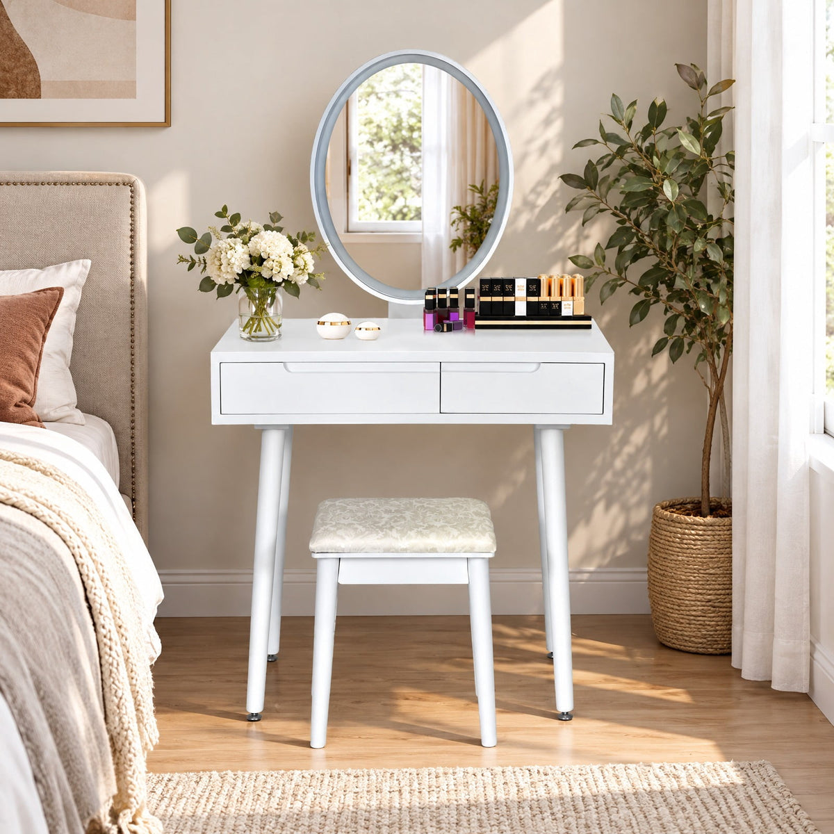 Airfind Touch Screen Vanity Makeup Table Stool Set with Lighted Mirror, MDF paint rubber wood cedar wood Frame, 31.5 x 16 x 54.5 Footprint, White