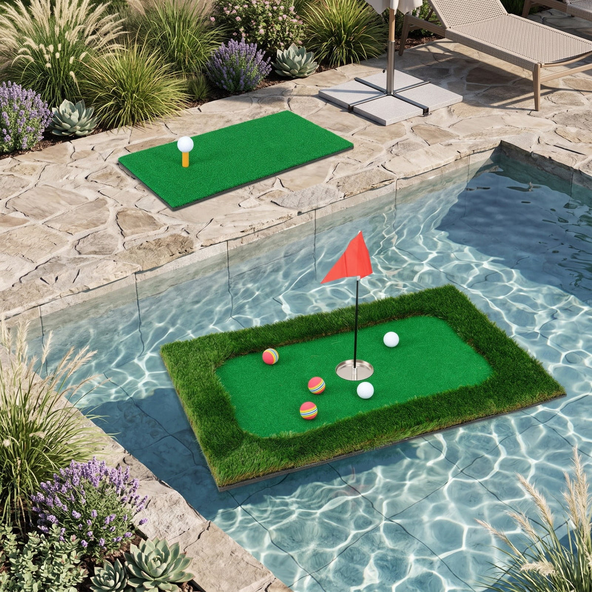 Airfind Floating Golf Green for Pool with 6 Golf Balls, Golf Flag, Hitting Mat and Tee, Waterproof EVA Practice Putting Green for Backyard Pool Party, Green