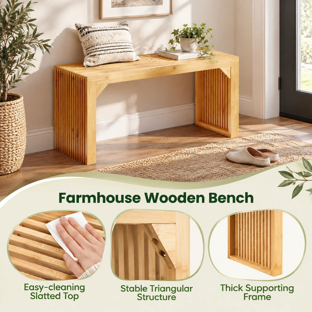 Airfind Bamboo Dining Bench Long Entryway Bench Indoor Outdoor Solid Wood Bench, 660 LBS Capacity, Bamboo Frame, 36 x 13 x 17 Footprint, Natural