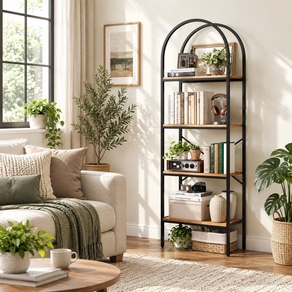 Airfind 71 Inch Tall Arched Bookcase 4-Tier with Storage Shelves and Metal Frame for Home Office-Brown and Black, 44 lbs Capacity, Metal Frame, Brown