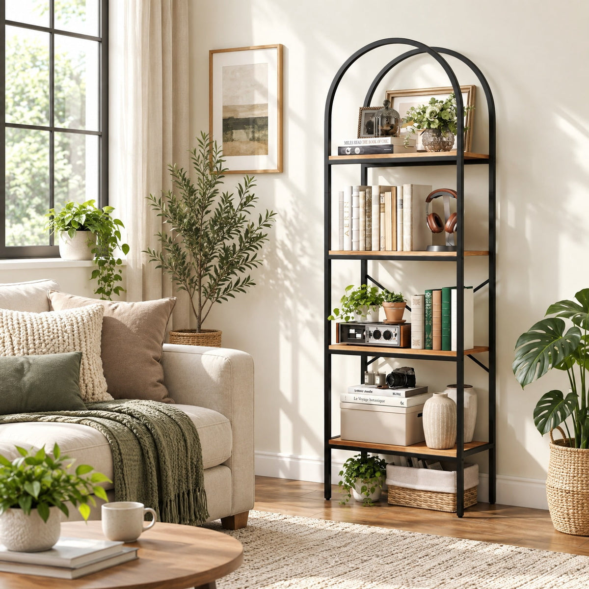 Airfind 71 Inch Tall Arched Bookcase 4-Tier with Storage Shelves and Metal Frame for Home Office-Brown and Black, 44 lbs Capacity, Metal Frame, Brown