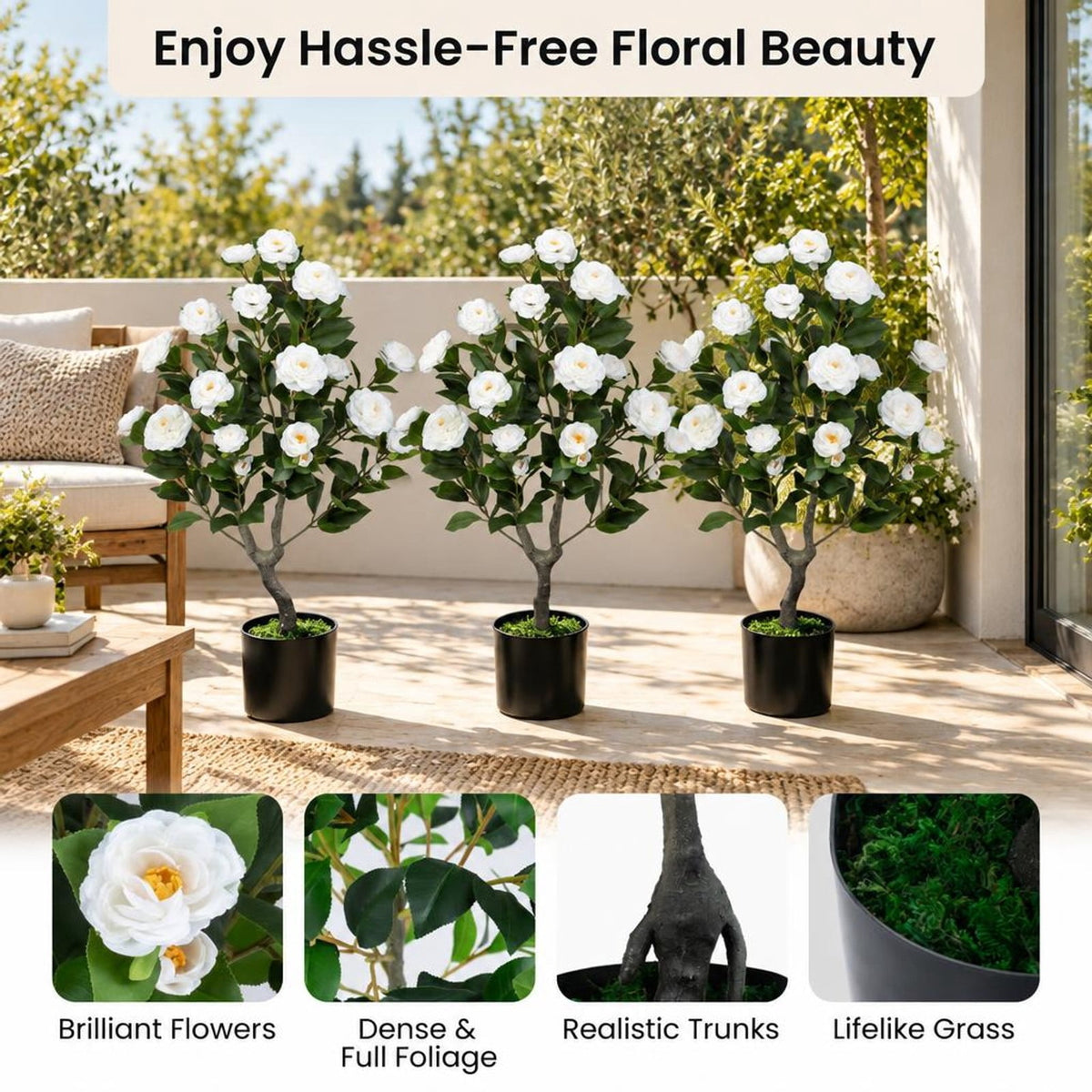 AIRFIND Artificial Camellia Tree, 35.5 in Faux Flower Plant with 24 Blossoms, 174 Leaves and Cement-Filled Pot for Home Decor, White