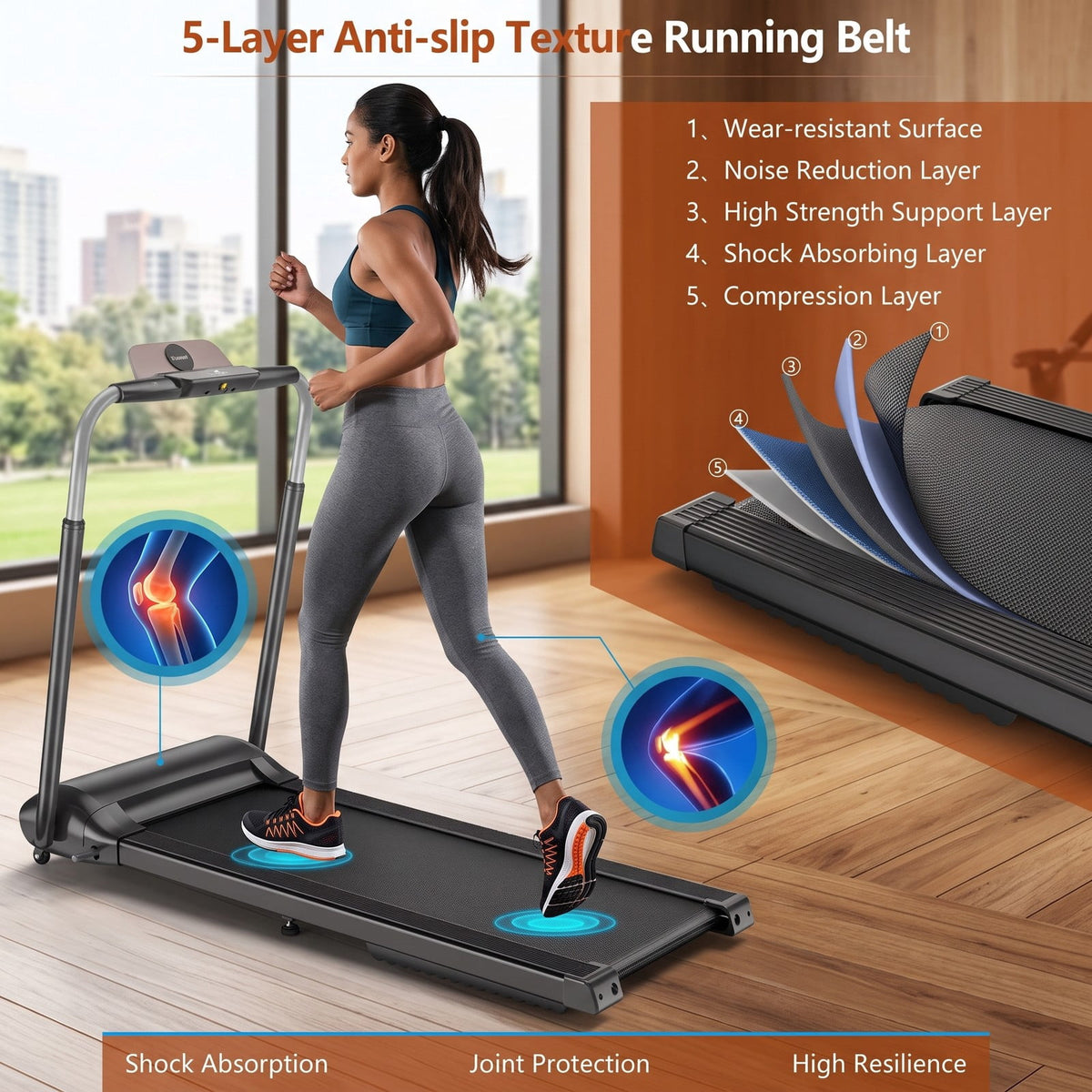 Airfind Compact Folding Treadmill with 3.0HP Motor, Touch Screen APP Control, 5-Layer Running Belt, Portable Home Office Electric Walking Running Machine, 265, Black