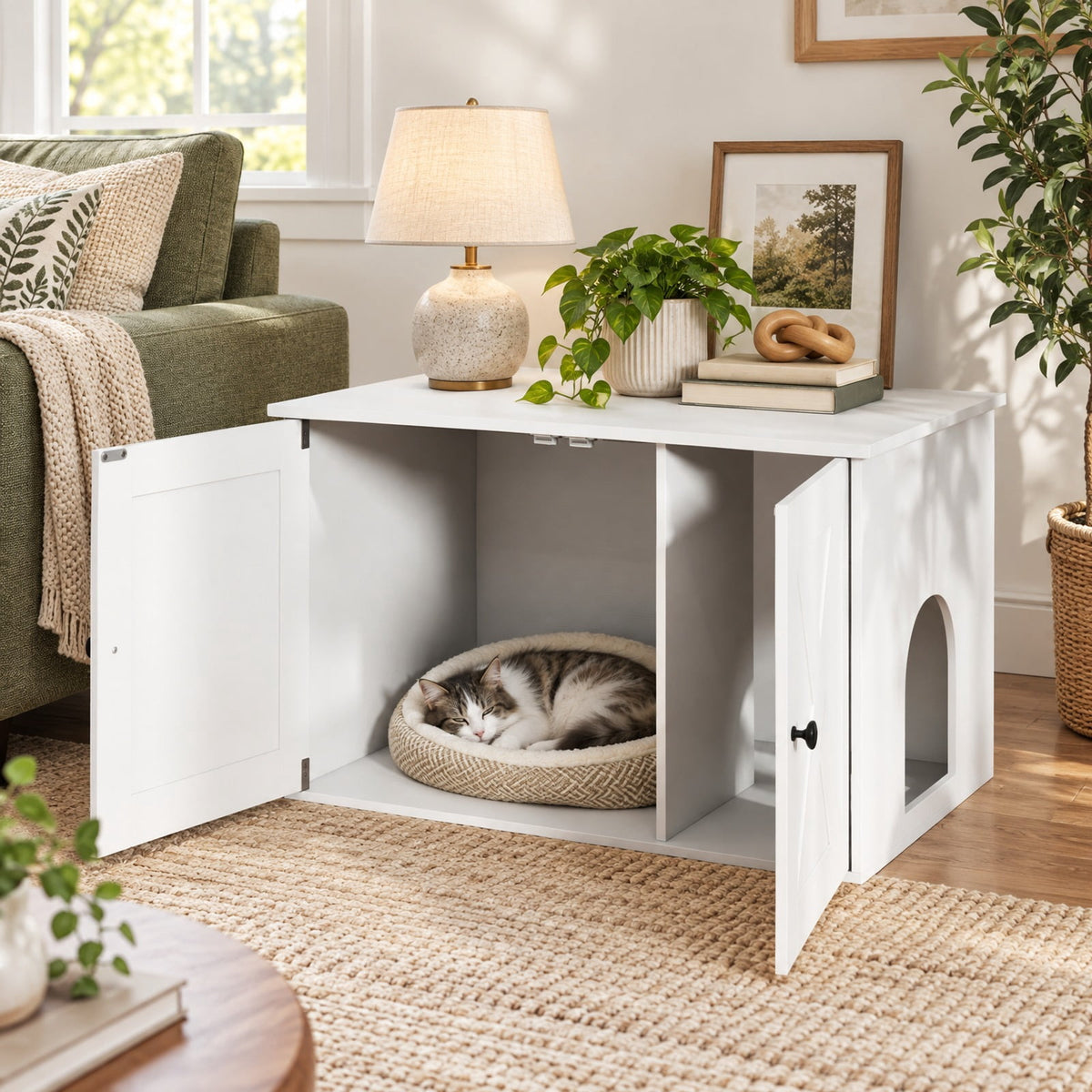 Airfind Hidden Cat Litter Box Enclosure Furniture with Divider, White, Large tabletop for plants decorations or storage, for Everyday Home Use