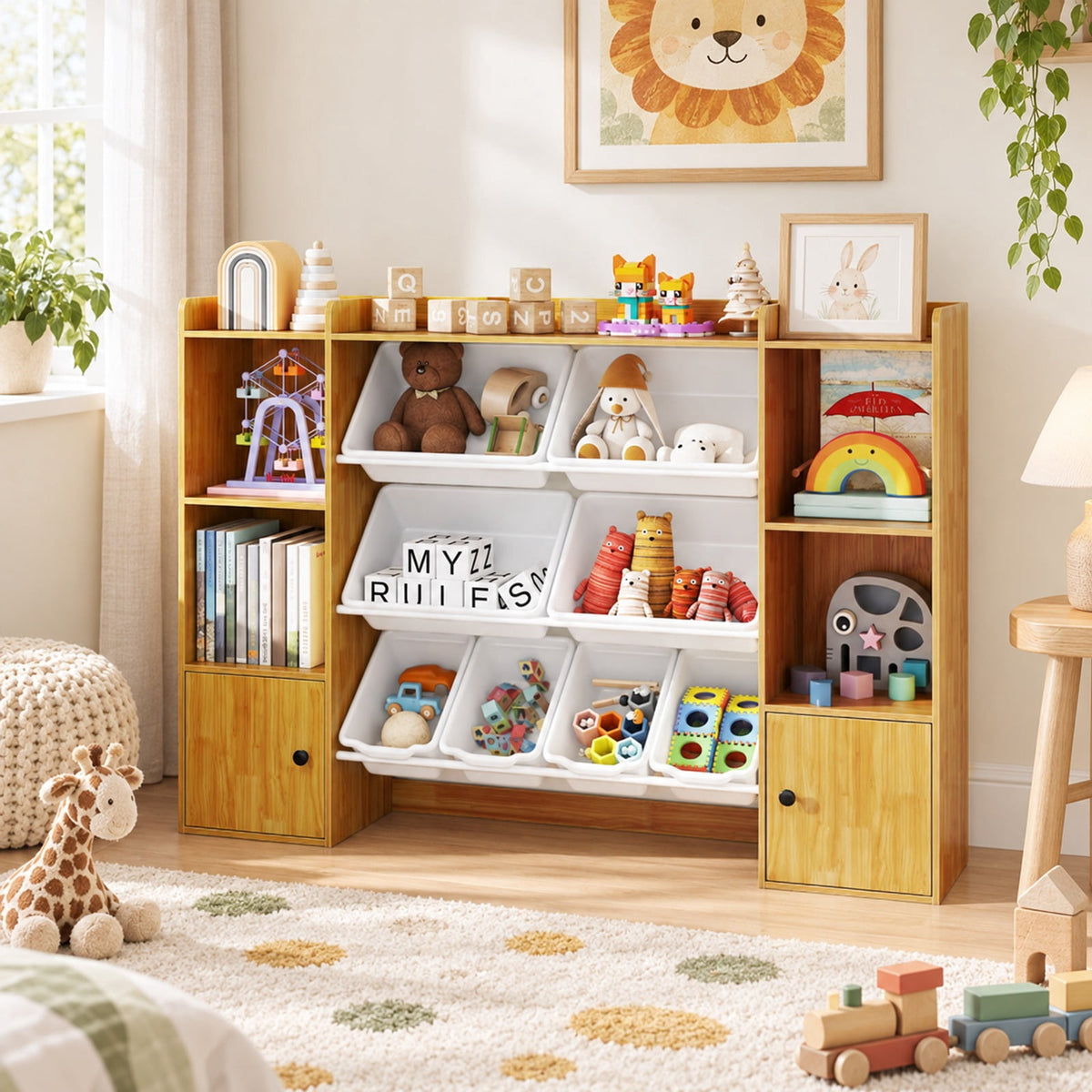 Airfind Kids Toy Storage and Bookshelf with Boxes and Open Shelves, 385 lbs Capacity, Engineered Wood Frame, for 3+ Years Old Total, Beige