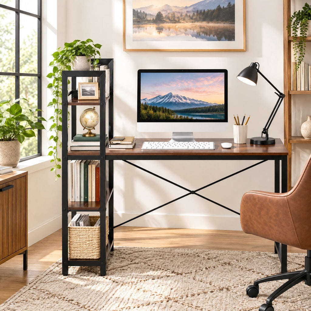 Airfind 47.5 Inch Writing Study Computer Desk with 4-Tier Shelves, P2 MDF Iron Frame, Tan, Product size 47.5in x 24in x 48in (L x W x