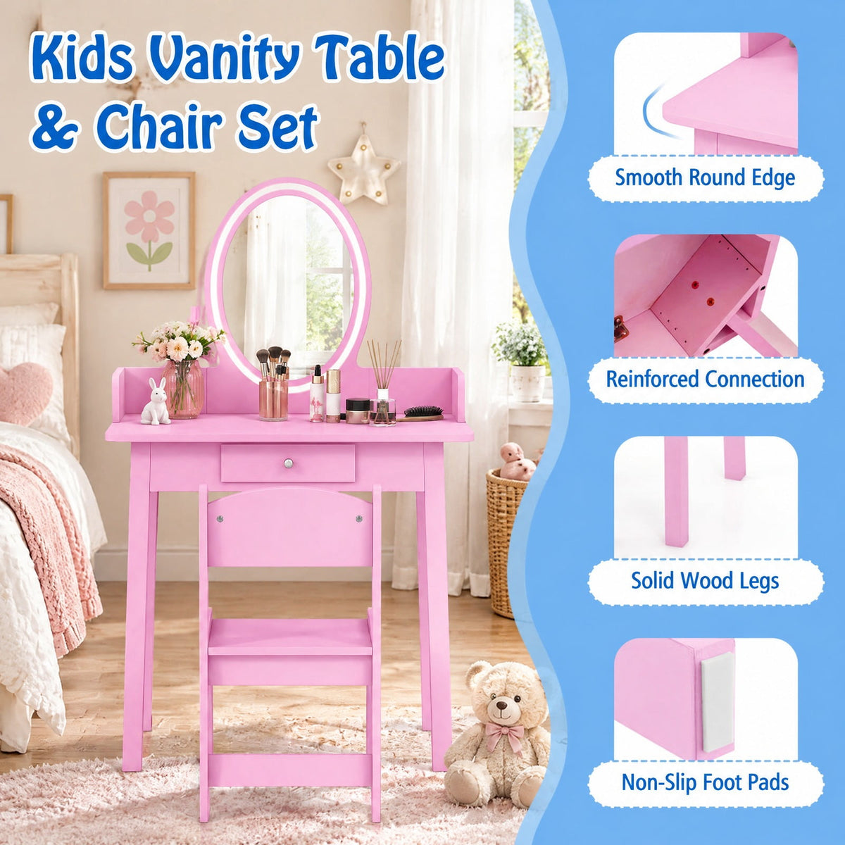 AIRFIND Kids Vanity Table and Chair with Lighted Acrylic Mirror, Drawer and Jewelry Organizer, Removable Mirror for Ages 3-8, Pink