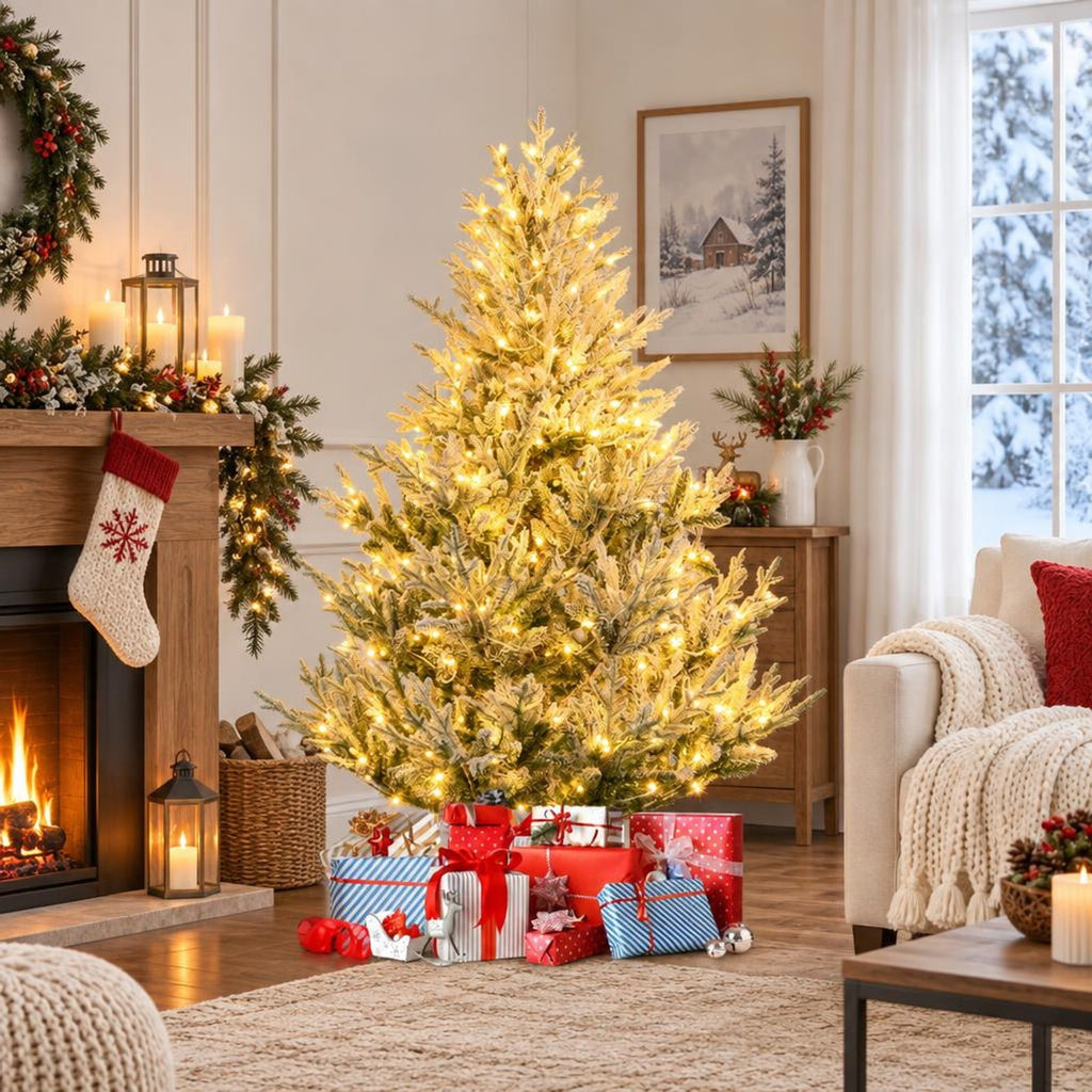 Airfind 6/7/8 Feet Pre-Lit Artificial Christmas Tree Hinged Snow Flocked Xmas Tree-6 ft, PE PVC Metal Frame, 5.2 x 8 ft Footprint, Green