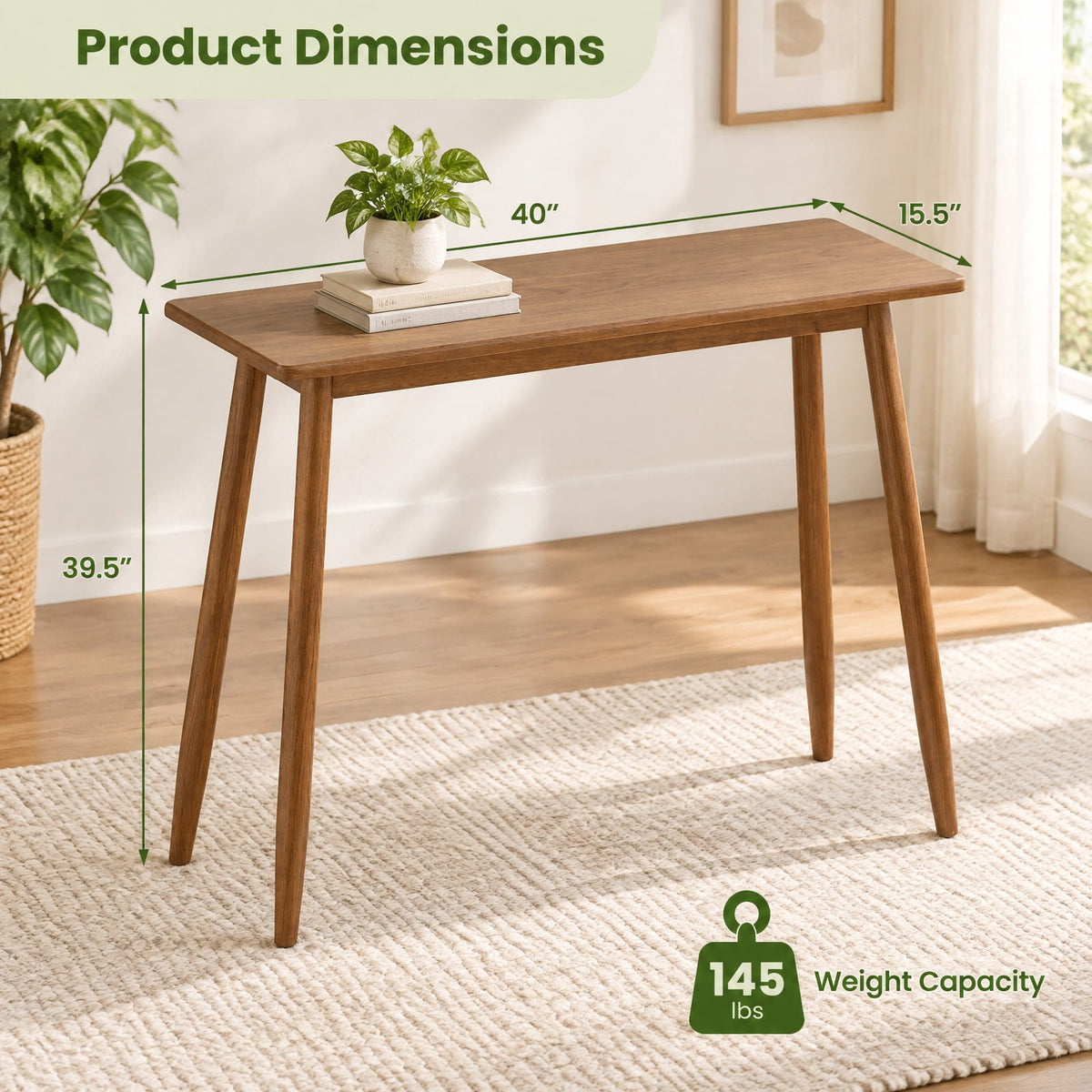 Airfind Computer Desk with Rubber Wood Legs Wooden Writing Desk with Spacious Tabletop, 40 x 15.5 x 39.5Weight Footprint, Walnut