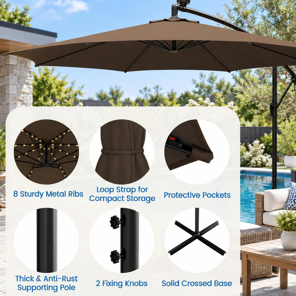 Airfind 10 Feet Patio Offset Umbrella with 112 Solar-Powered LED Lights-Beige, Polyester Fabric Metal Frame, 10 x 8 ft Footprint, Coffee