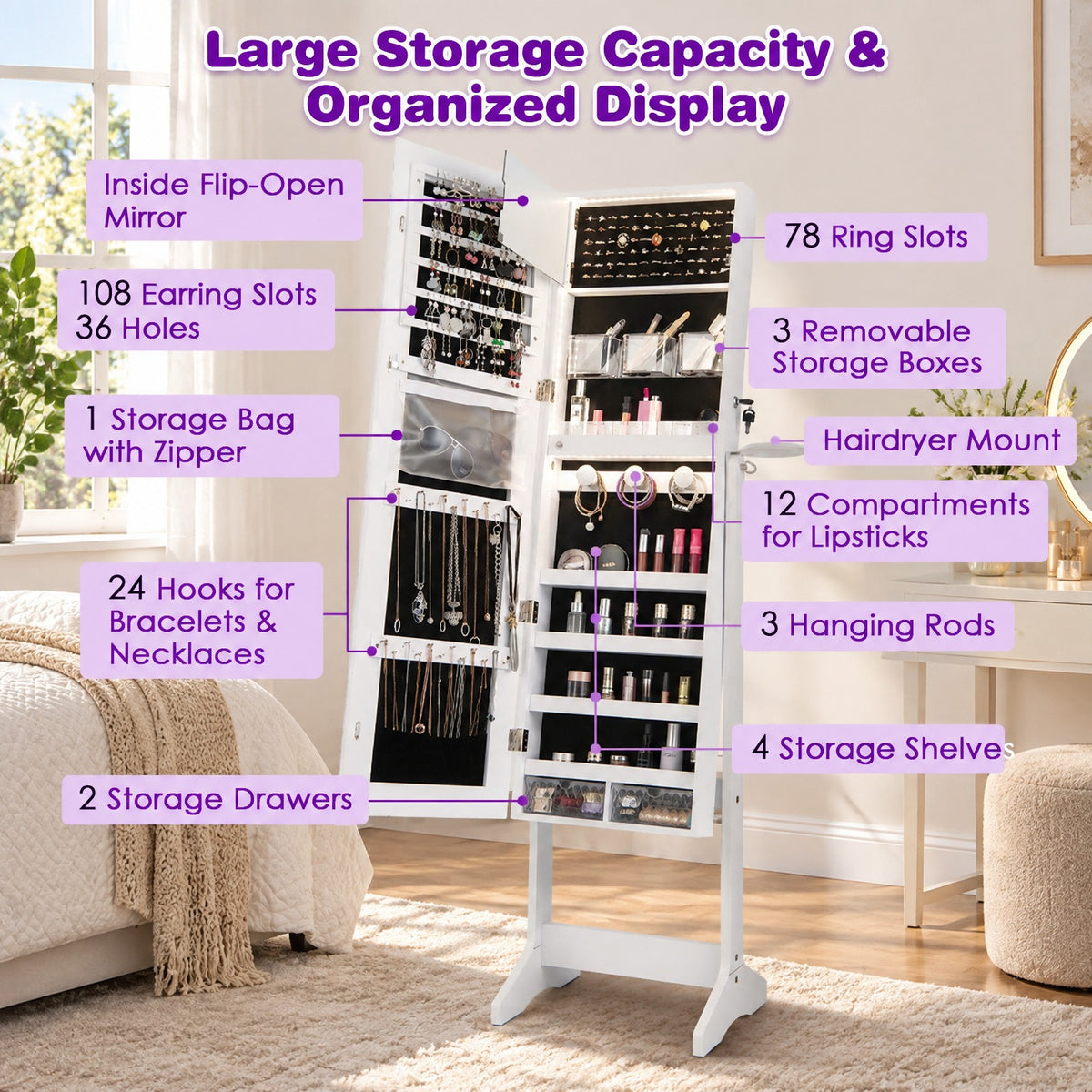 Airfind Jewelry Cabinet, Freestanding, with Full Length HD Mirror, MDF Glass Frame, 16 Inch x 14.5 Inch x 61.5 Inch Footprint, White