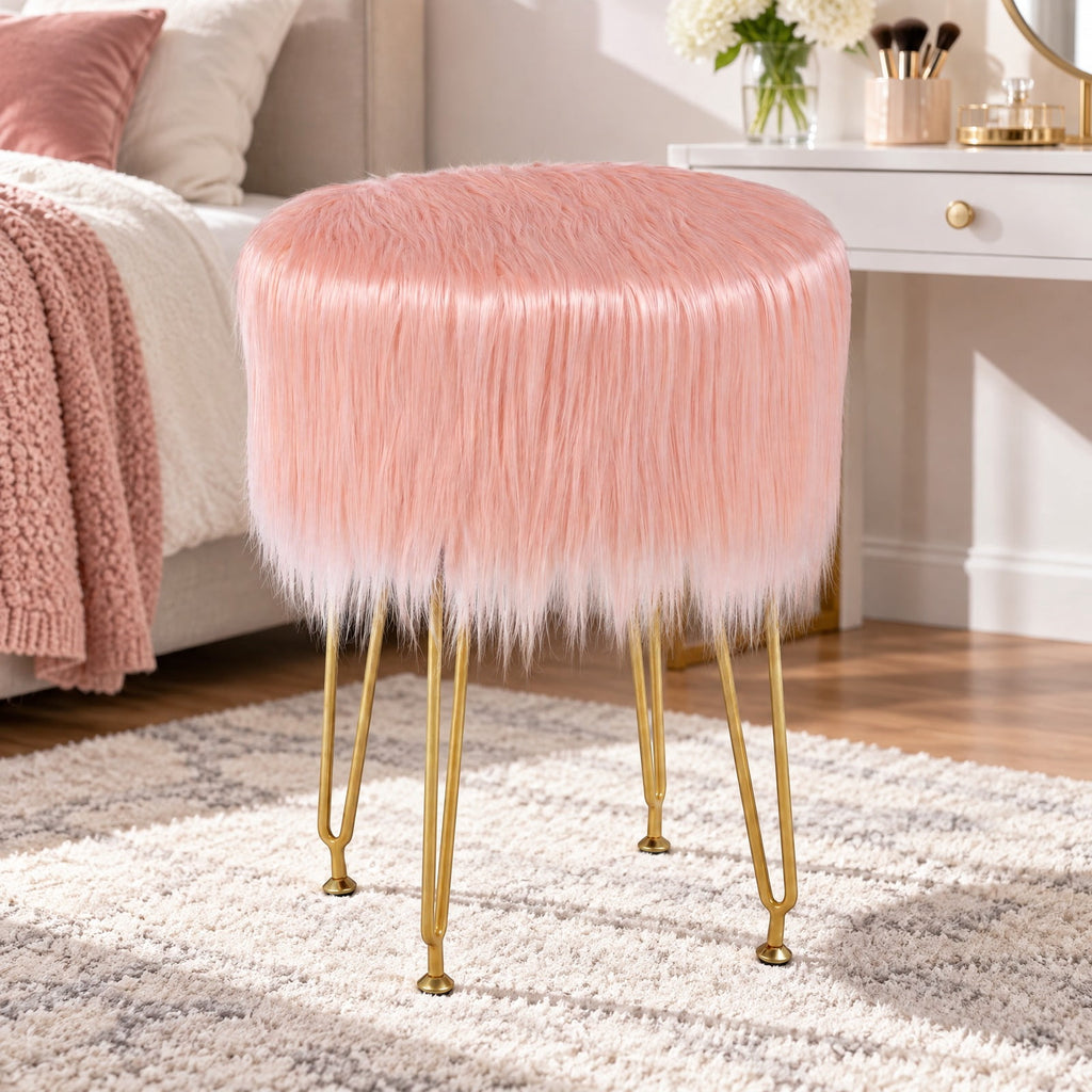 Airfind Faux Fur Vanity Stool Chair with Metal Legs for Bedroom and Living Room, 330 lbs Capacity, Faux Fur Sponge Metal MDF Plywood Frame, White