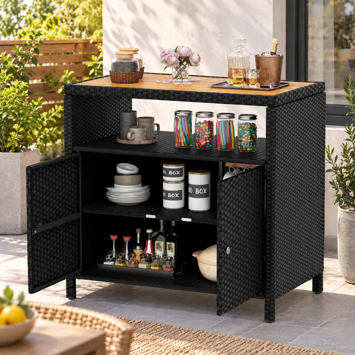 Airfind Rattan Storage Cabinet with Acacia Wood Countertop for Poolside Deck and Patio, 100 lbs Capacity, PE Rattan Acacia Wood Metal Frame, Black