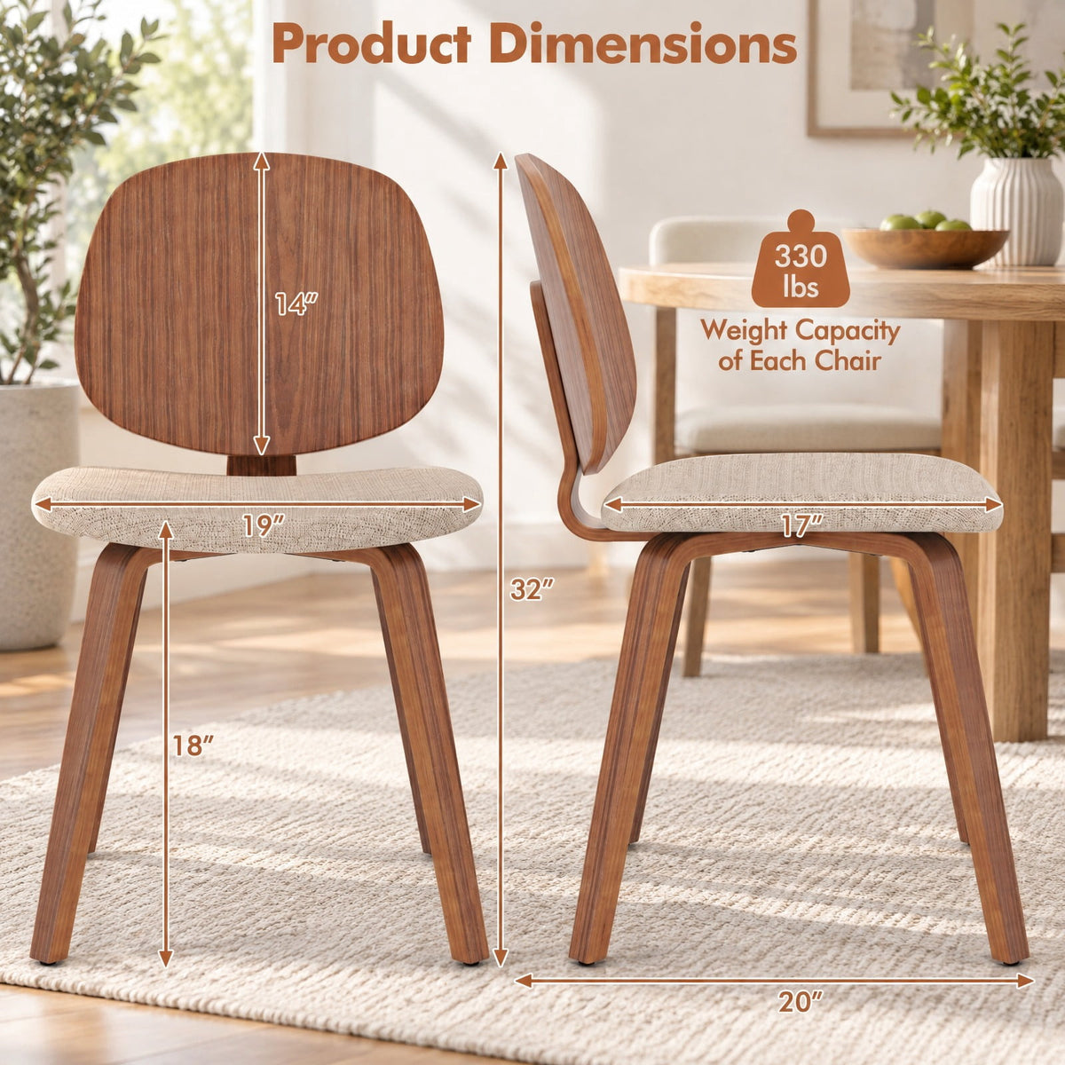 Airfind Wooden Dining Chair Set of 2 with Bentwood Frame and Padded Seat, 330 lbs Capacity, Bentwood Frame, 19in x 20in x 32in Footprint, Walnut