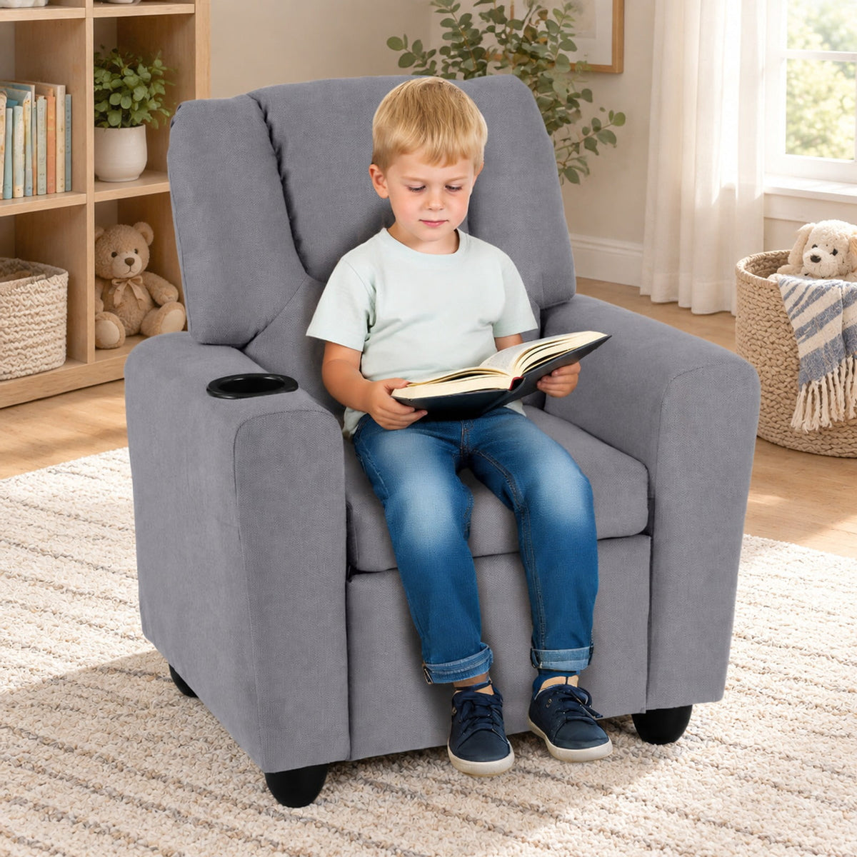 Airfind Kids Recliner Chair Push Back Toddler Reclining Armchair with Cup Holder, 150 lbs Capacity, Wood Frame, for 3+ years old, Gray