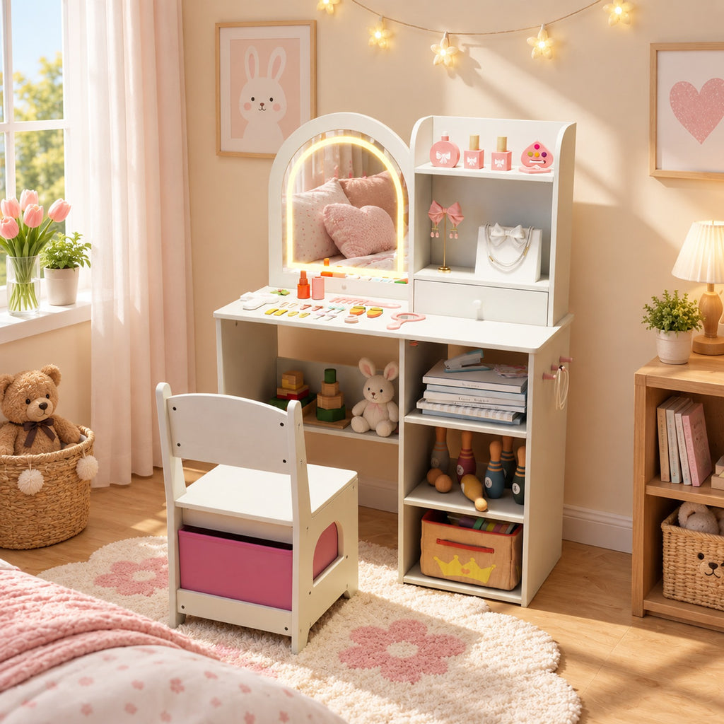 Airfind Kids Vanity Set Princess Girls Makeup Vanity Desk with Chair and 3-Color LED Lighted Mirror, 45 lbs Capacity, MDF Frame, White