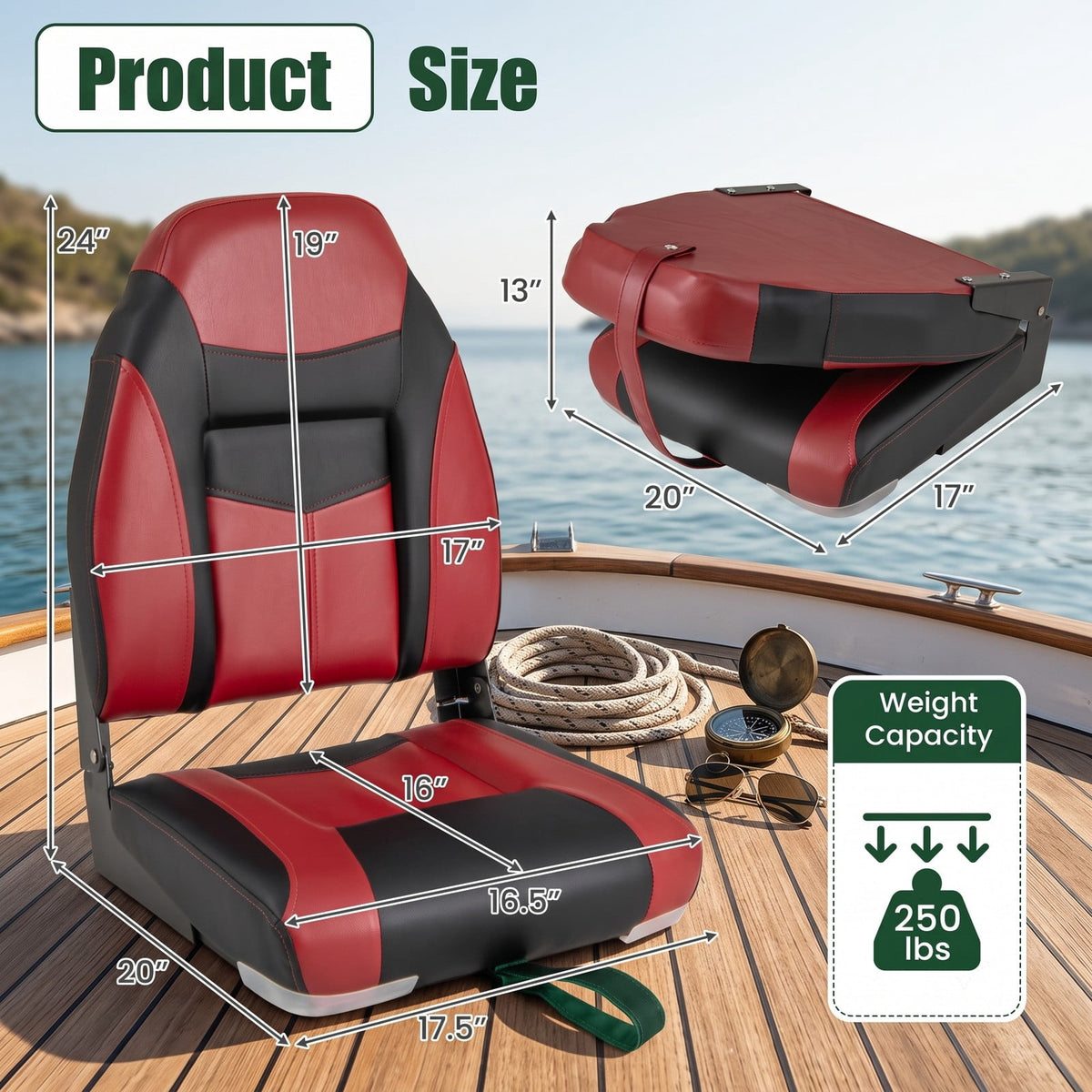 Airfind High Back Folding Boat Seat with Padded Sponge Cushion and Aluminum Hinges for Fishing and Pontoon Boats, Red and Black