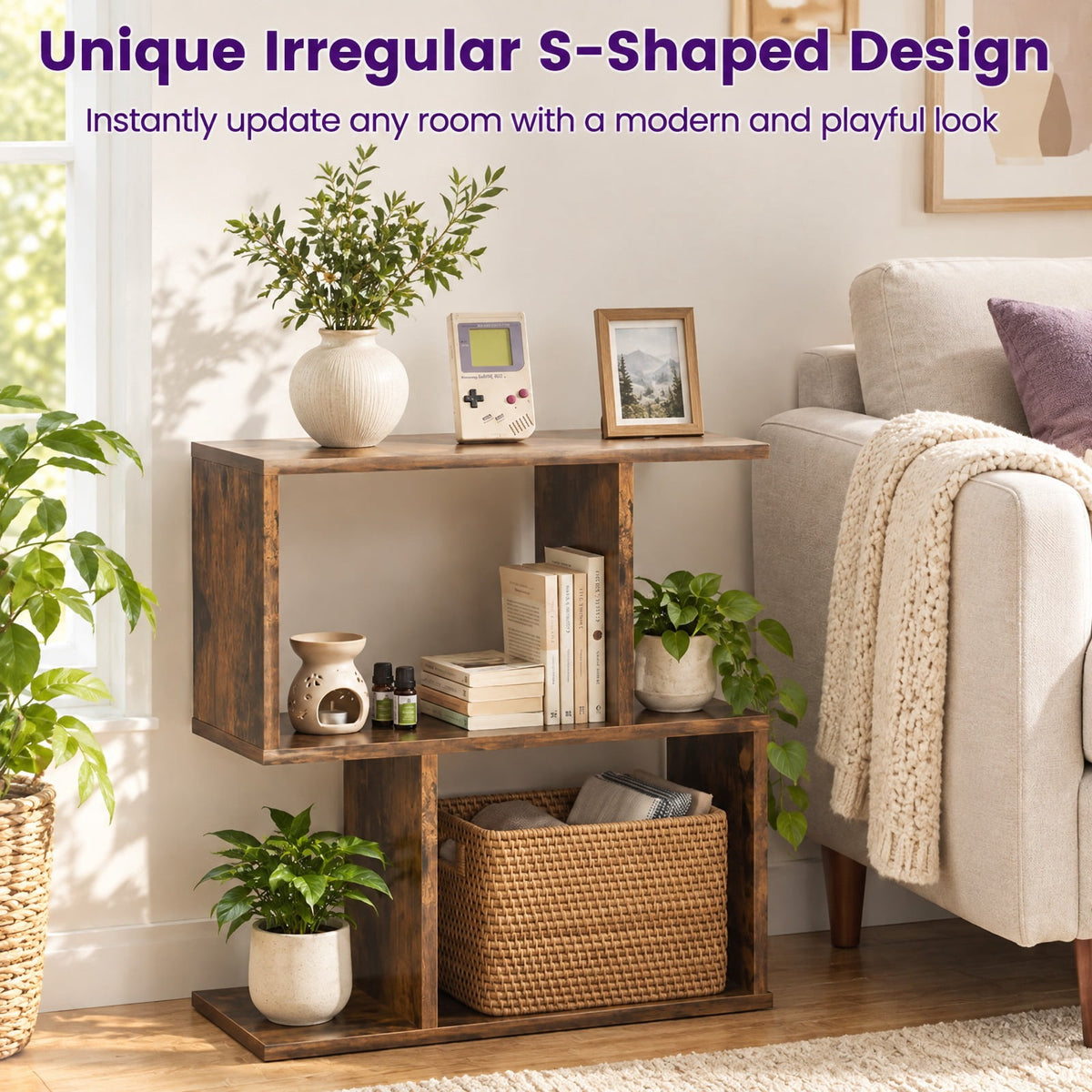 Airfind 24 Inch 3-Tier Geometric Bookshelf with Thick Foot Pads, 44 lbs Capacity, Engineered Wood PVC Frame, 19.5in x 7in x 22in Footprint, Brown