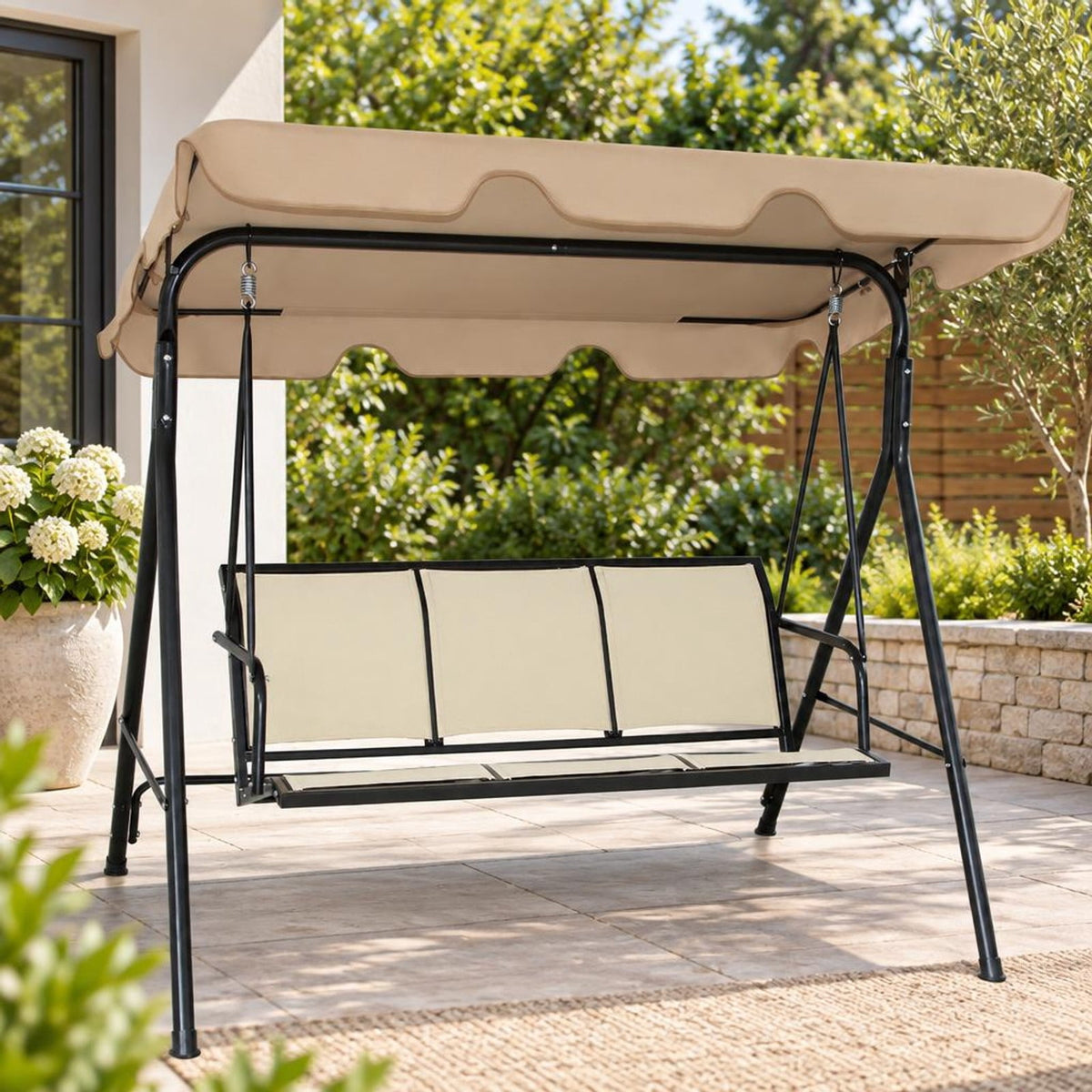 Airfind 3 Person Steel Frame Patio Swing with Polyester Angle and Adjustable Canopy, 550 lbs Capacity, Steel textile fiber polyester Frame, Brown