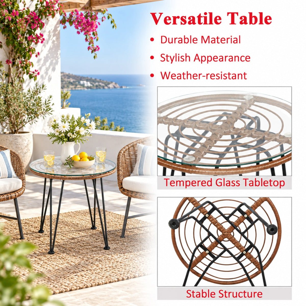 Airfind 3 Pieces Patio Rattan Bistro Set with Cushion, 170 lbs Capacity, Steel Rattan Sponge Polyester Frame, 22.5 Inch x 24 Inch x 31.5 Inch Footprint, Red