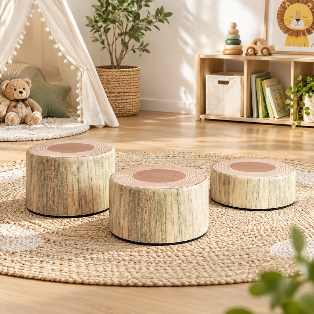 Airfind 3-Piece Tree Stump Stool Set with Wood Printing Nature Decoration, PU Leather, for 3 and Years Old, Natural for Home, Patio, Natural