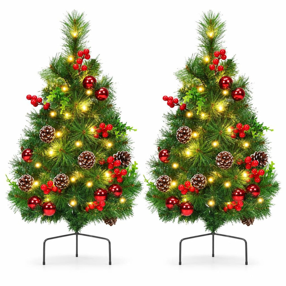 Airfind Set of 2 29 Inch Battery Powered Pre, PVC PET Metal PE Tree Height: 25 Tree Width: 16 Length of Ground Stakes: 4 Frame, Green